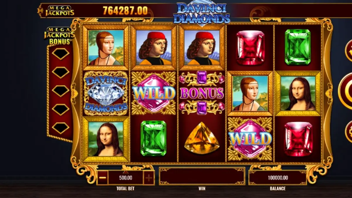 Captura de tela do jogo de slot Mega Jackpot DaVinci Diamonds, mostrando rolos com obras de arte renascentistas e joias brilhantes, com o logotipo do jackpot.