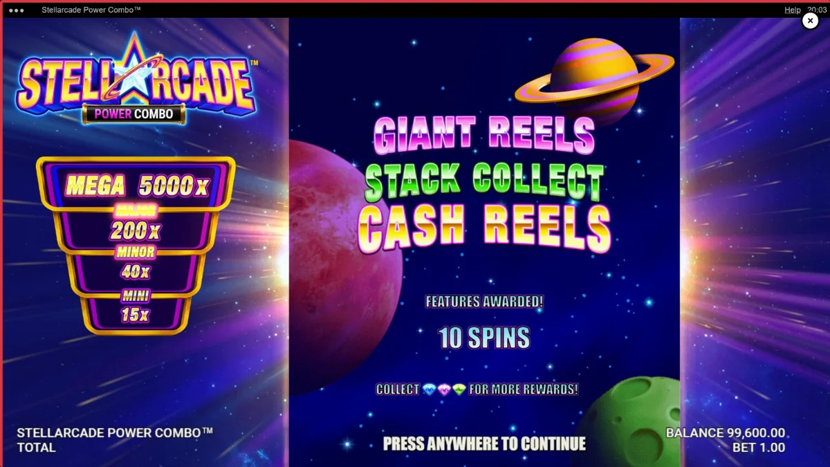 Visual futurista e neon do slot Stellarcade Power Combo