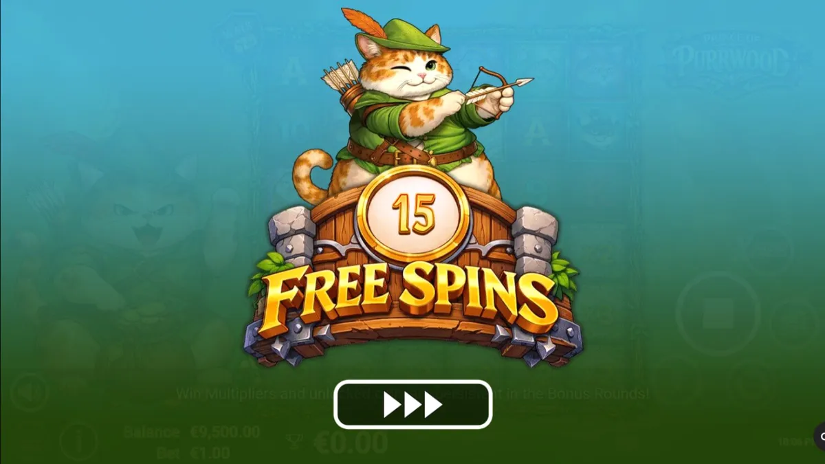 Cena vibrante de floresta medieval com gatos aventureiros no slot Prince of Purrwood