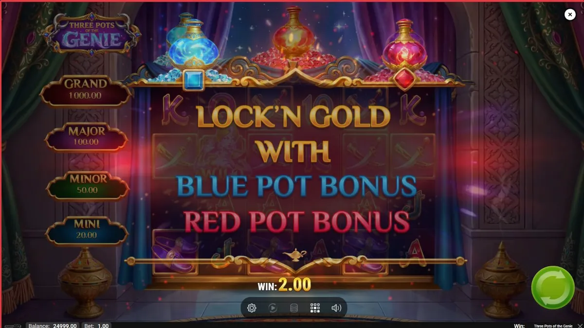 Interface do jogo Three Pots of the Genie com temática árabe e potes mágicos