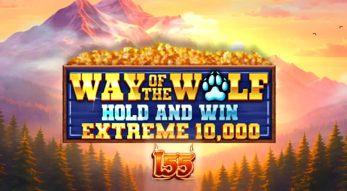 Uma imagem atmosférica de um lobo uivando sob uma lua cheia em uma floresta escura, representando o slot Way of the Wolf Hold and Win Extreme 10,000.